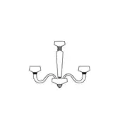 Rosati chandelier line drawing, steel gray, vertical stem with three curved arms supporting rectangular shades, minimalist design.