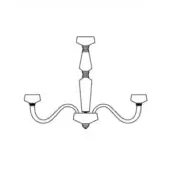 Chandelier line drawing, steel finish, vertical stacked cylinders with three curved arms and rectangular fixtures, symmetrical design.