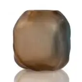 Sculptural vase, translucent resin, organic shape with smoky brown, gray, and teal hues, textured surface, narrow opening, reflective base.
