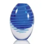 Glass vase, matte blue & aqua “Mistici”, elongated oval shape with horizontal swirling lines and translucent milky white base.