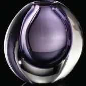 Glass vase, polished amethyst, spherical form with gradient purple coloration and narrow opening, displaying internal ridges and glossy sheen.