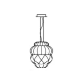 Suspension lamp, matte black finish, rounded glass globe with ribbed texture encased in a geometric wire cage, connected by a curved rod.