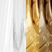 Four material textures: translucent white drape, crumpled silver-white, swirling cognac liquid, and deep brown resin, on a neutral background.