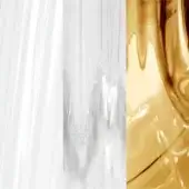 Textured triptych displaying translucent white sheeting, rippled white material, and viscous amber resin with glossy sheen against a neutral backdrop.