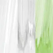 Abstract triptych featuring reflective crystal-like forms, green textured blades, and subtle text label, displaying vertical striations and light refraction.