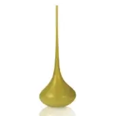 Yellow ceramic vase, matte finish, tall slender form with bulbous base and narrow elongated neck against a white background.