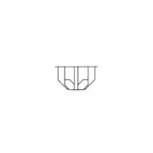 Ceiling lamp technical drawing, circular metal form, scalloped shade, horizontal band with angled brackets, white background illustration.