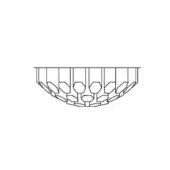 Ceiling lamp line drawing, black geometric shade, grid structure with rectangular supports and angled triangular layers on white background.