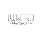 Ceiling lamp technical drawing, metal arms extend from horizontal bar, asymmetrical arrangement with box-like fixtures, white background.