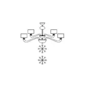 Chandelier line drawing, black metal finish, circular base with four curved arms and square shades, floral motif detailing.