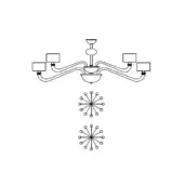 Chandelier line drawing, metal finish, circular dome with four curved arms and square fixtures, plus snowflake-style patterns below.