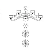 Chandelier line drawing, black metal, six curved arms with square fixtures, dome shape, with circular radiating designs below.