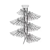 Angel suspension lamp black and white line drawing, featuring a central rod with symmetrical, layered wing-like structures in a minimalist design.