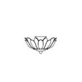 Excelsior ceiling lamp, black line drawing, square plate, floral petal shade, circular band, curved chain details, symmetrical design.