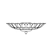 Excelsior ceiling lamp line drawing, tiered structure, circular dishes, stylized flower detail, minimalist black and white design.