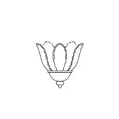 Wall lamp, dark line drawing, rounded base with three curved, petal-like elements forming a floral crown, minimalist design on white background.