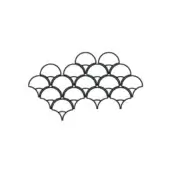 Geometric pattern of overlapping black semi-circles and triangles on white, arranged in staggered layers resembling scales, creating a repeating motif.