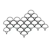 Triangular pattern of black semi-circles on white, layered design resembling scales or petals, with uniform shapes and progressively increasing rows.