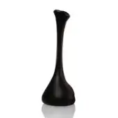 Matt black ceramic vase, “tamarindo,” with rounded base and slender, flared neck, displayed on reflective white surface.