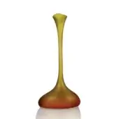 Glass vase, muted green to reddish-brown, organic teardrop shape with tapering neck, smooth translucent finish, studio lighting.
