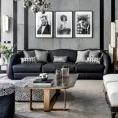 Superior Sicis Visconti sectional with plush mixed feather cushions and lacquered wood base crafted in dark upholstery