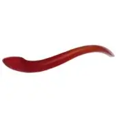 Red serving spoon with curved handle and rounded bowl, presented on a white background in diffused studio lighting.