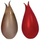 Bronze and red abstract sculptures, teardrop shape with flared spouts, glossy finish, studio lighting, white background.