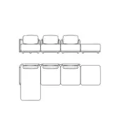 Giorgetti Moorea outdoor sectional drawing, modular units, rectangular form, angled backrest, cylindrical legs, technical illustration.