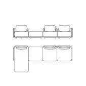 Giorgetti Moorea outdoor sectional drawing, linear & L-shape configurations, rectangular cushions, dark legs, white background.