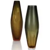 Glass tulipano vases, topaz and grey-amber, elongated hourglass shape with flared openings and ribbed texture.