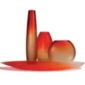 Glass vases and dish with orange-red to muted orange gradient, cylindrical, rounded, spherical forms, studio product arrangement.