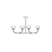 Five-light suspension lamp, black and white line drawing, featuring a central stem with five curved arms and rectangular fixtures.