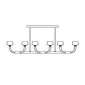Six-light suspension lamp with rectangular canopy, curved arms, and cylindrical shades in a black line drawing.
