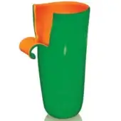 Polished ceramic cup, green and orange, cylindrical shape with curved handle, studio product shot on a white background.