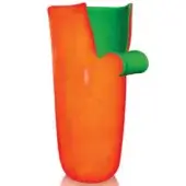Orange and green ceramic vase, cylindrical shape with curved spout, glossy finish, modern sculptural design, white background.