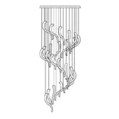 Swing ceiling lamp monochrome line drawing, rectangular mounting plate with cascading curved rods and rectangular elements, minimalist design.