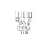 Swing ceiling lamp, black and white line drawing, horizontal bar with clustered, elongated curved elements, minimalist design.