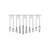 Pendant lights, brushed metal, staggered arrangement of nine oval fixtures suspended from dark cables against a white backdrop.