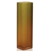 Glass vase, green to amber gradient, rectangular form with textured surface and wavy base, matte finish, studio lighting.
