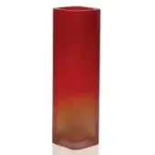 Glass vase, red to amber gradient, rectangular form with diffused finish displayed on a white background in studio lighting.