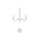 Chandelier line drawing, three arms, circular stem, square lampshades, floral motif below, white background, schematic illustration.