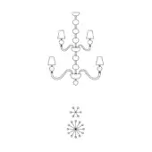 Vermont chandelier line drawing, black metal multi-tiered fixture with six upper and three lower lampshades, floral motifs below.
