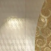 Beige and gold mosaic panel, Sicis Vetrite Saturno Contro Gold, with textured light beige and metallic gold large-format tiles on left.