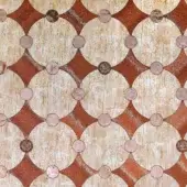 Geometric wall panel, beige and reddish-brown, with interlocking circles, diamond knotwork, and textured, crackled background; “sicis vetrite beige vis two”.