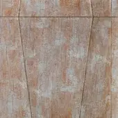 Beige and brown wood-effect tiles with linear grain, grid pattern, and cracked, distressed texture; Sicis Vetrite Corteza Brown.
