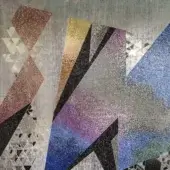 Mosaic artwork, iridescent tiles, geometric diamonds and triangles in blue, purple, silver, gold, and rose tones on textured off-white background.