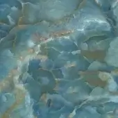 Sicis Vetrite panel, blue glass with swirling pattern, featuring teal, turquoise, gold, and white veins, translucent finish, reflective surface.