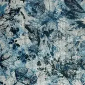 Abstract blue leaf pattern on grey, digitally created textile resembling cyanotype, labeled “sicis vetrite ricordo blue per grey”.