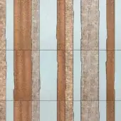 Vetrite texture, light blue-gray and brown, vertical panel grid with bosque brown wood grain and dark gray lines.