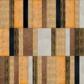 Repeating rectangular pattern of brown, gold, black, and gray panels with wood grain and metallic textures, featuring “sicis vetrite” text.